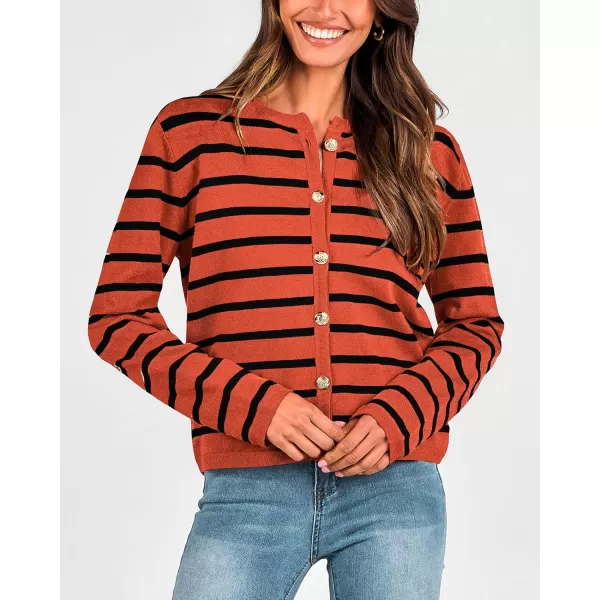 BTFBM Womens Cardigans Sweater 2024 Fall Striped Long Sleeve Button Down Crop Open Front Knit Outerwear Deco PocketsStriped Rust Red Black