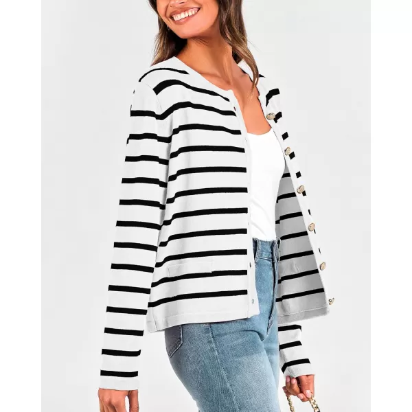 BTFBM Womens Cardigans Sweater 2024 Fall Striped Long Sleeve Button Down Crop Open Front Knit Outerwear Deco PocketsStriped White Black