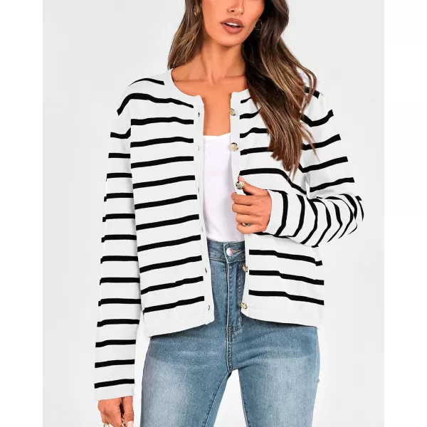 BTFBM Womens Cardigans Sweater 2024 Fall Striped Long Sleeve Button Down Crop Open Front Knit Outerwear Deco PocketsStriped White Black