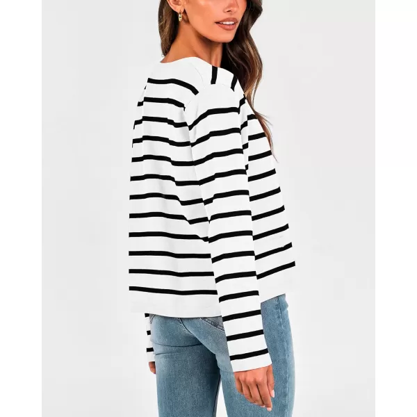 BTFBM Womens Cardigans Sweater 2024 Fall Striped Long Sleeve Button Down Crop Open Front Knit Outerwear Deco PocketsStriped White Black
