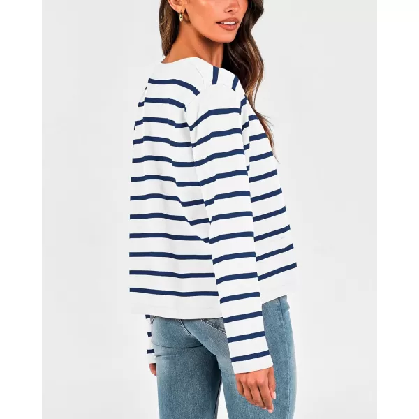 BTFBM Womens Cardigans Sweater 2024 Fall Striped Long Sleeve Button Down Crop Open Front Knit Outerwear Deco PocketsStriped White Blue