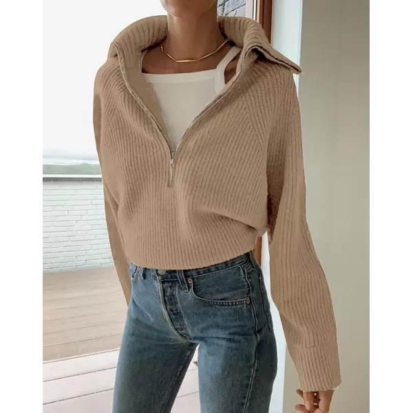 BTFBM Womens Casual Long Sleeve Half Zip Pullover Sweaters Solid V Neck Collar Ribbed Knitted Loose Slouchy Jumper TopsLight Khaki