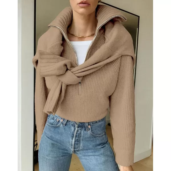 BTFBM Womens Casual Long Sleeve Half Zip Pullover Sweaters Solid V Neck Collar Ribbed Knitted Loose Slouchy Jumper TopsLight Khaki