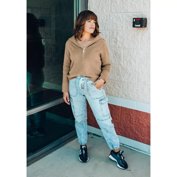 BTFBM Womens Casual Long Sleeve Half Zip Pullover Sweaters Solid V Neck Collar Ribbed Knitted Loose Slouchy Jumper TopsLight Khaki