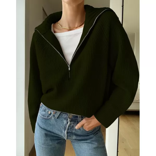BTFBM Womens Casual Long Sleeve Half Zip Pullover Sweaters Solid V Neck Collar Ribbed Knitted Loose Slouchy Jumper TopsSolid Army Green