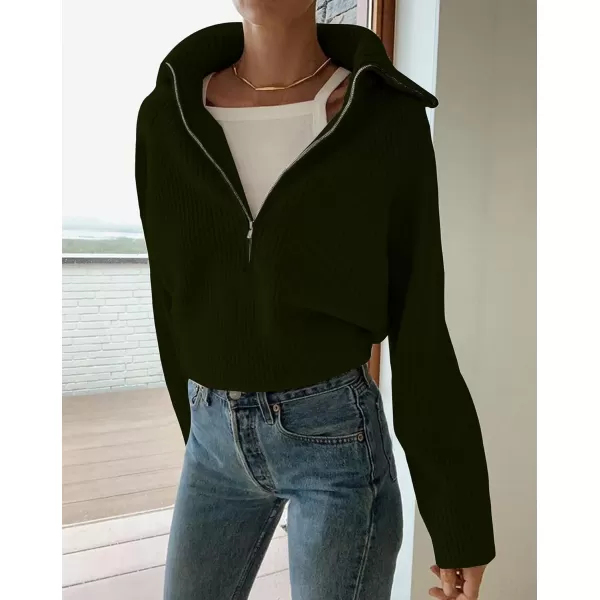 BTFBM Womens Casual Long Sleeve Half Zip Pullover Sweaters Solid V Neck Collar Ribbed Knitted Loose Slouchy Jumper TopsSolid Army Green