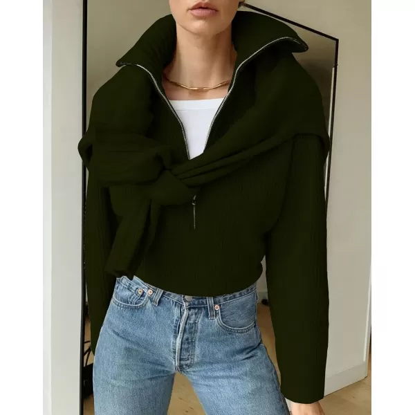 BTFBM Womens Casual Long Sleeve Half Zip Pullover Sweaters Solid V Neck Collar Ribbed Knitted Loose Slouchy Jumper TopsSolid Army Green