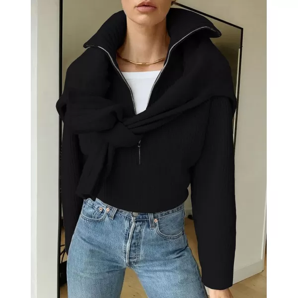BTFBM Womens Casual Long Sleeve Half Zip Pullover Sweaters Solid V Neck Collar Ribbed Knitted Loose Slouchy Jumper TopsSolid Black