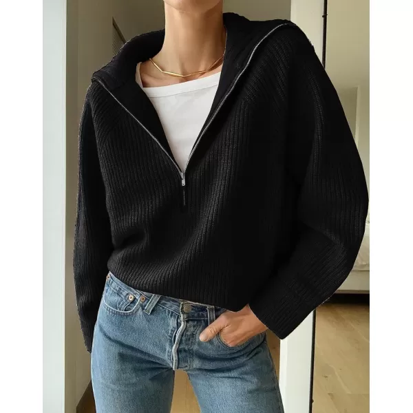 BTFBM Womens Casual Long Sleeve Half Zip Pullover Sweaters Solid V Neck Collar Ribbed Knitted Loose Slouchy Jumper TopsSolid Black