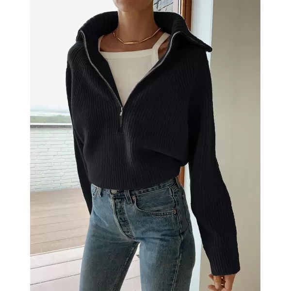 BTFBM Womens Casual Long Sleeve Half Zip Pullover Sweaters Solid V Neck Collar Ribbed Knitted Loose Slouchy Jumper TopsSolid Black