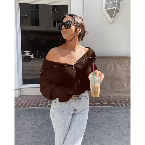 BTFBM Womens Casual Long Sleeve Half Zip Pullover Sweaters Solid V Neck Collar Ribbed Knitted Loose Slouchy Jumper TopsSolid Brown