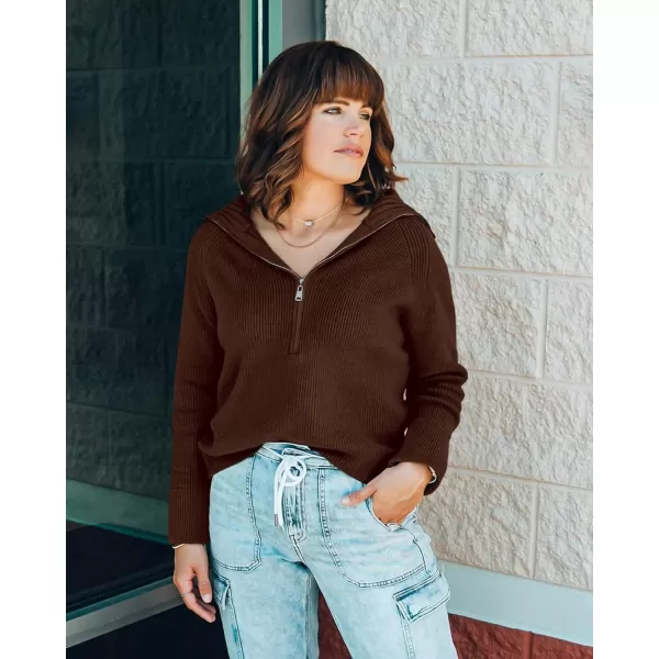 BTFBM Womens Casual Long Sleeve Half Zip Pullover Sweaters Solid V Neck Collar Ribbed Knitted Loose Slouchy Jumper TopsSolid Brown