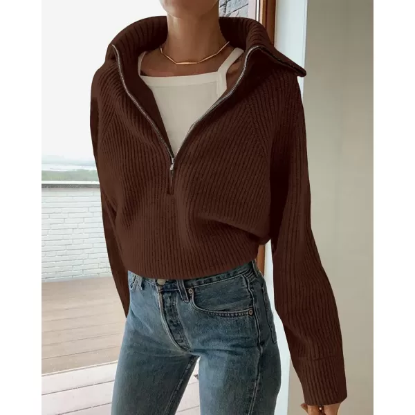 BTFBM Womens Casual Long Sleeve Half Zip Pullover Sweaters Solid V Neck Collar Ribbed Knitted Loose Slouchy Jumper TopsSolid Brown