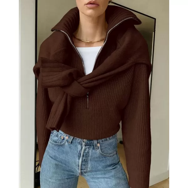 BTFBM Womens Casual Long Sleeve Half Zip Pullover Sweaters Solid V Neck Collar Ribbed Knitted Loose Slouchy Jumper TopsSolid Brown