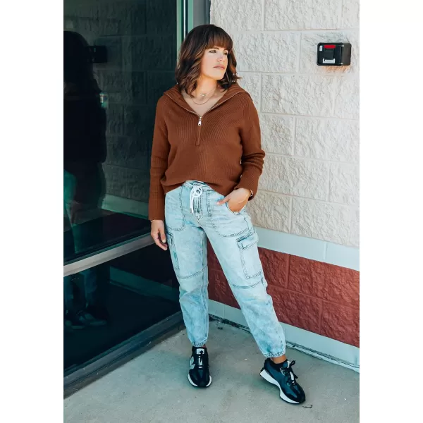 BTFBM Womens Casual Long Sleeve Half Zip Pullover Sweaters Solid V Neck Collar Ribbed Knitted Loose Slouchy Jumper TopsSolid Caramel
