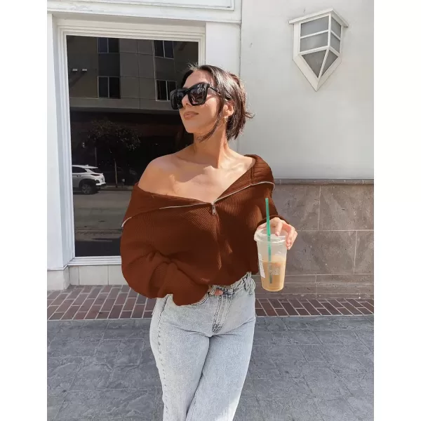 BTFBM Womens Casual Long Sleeve Half Zip Pullover Sweaters Solid V Neck Collar Ribbed Knitted Loose Slouchy Jumper TopsSolid Caramel