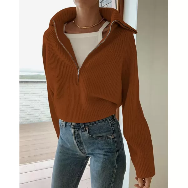 BTFBM Womens Casual Long Sleeve Half Zip Pullover Sweaters Solid V Neck Collar Ribbed Knitted Loose Slouchy Jumper TopsSolid Caramel