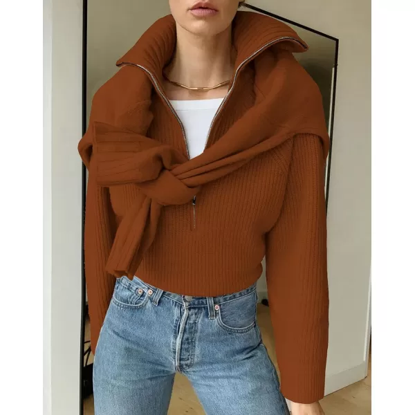 BTFBM Womens Casual Long Sleeve Half Zip Pullover Sweaters Solid V Neck Collar Ribbed Knitted Loose Slouchy Jumper TopsSolid Caramel