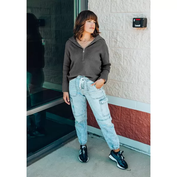 BTFBM Womens Casual Long Sleeve Half Zip Pullover Sweaters Solid V Neck Collar Ribbed Knitted Loose Slouchy Jumper TopsSolid Dark Grey