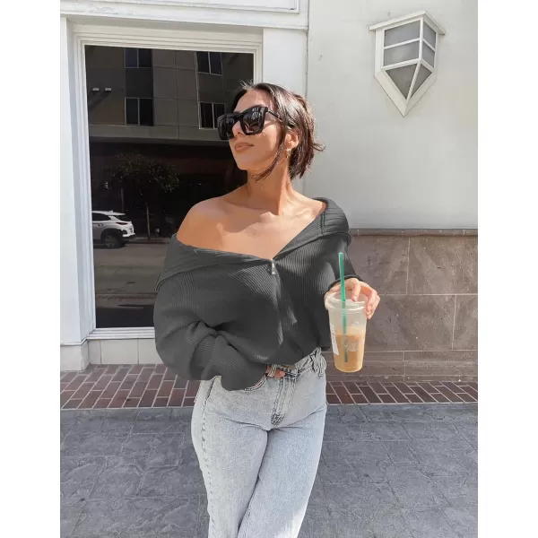 BTFBM Womens Casual Long Sleeve Half Zip Pullover Sweaters Solid V Neck Collar Ribbed Knitted Loose Slouchy Jumper TopsSolid Dark Grey