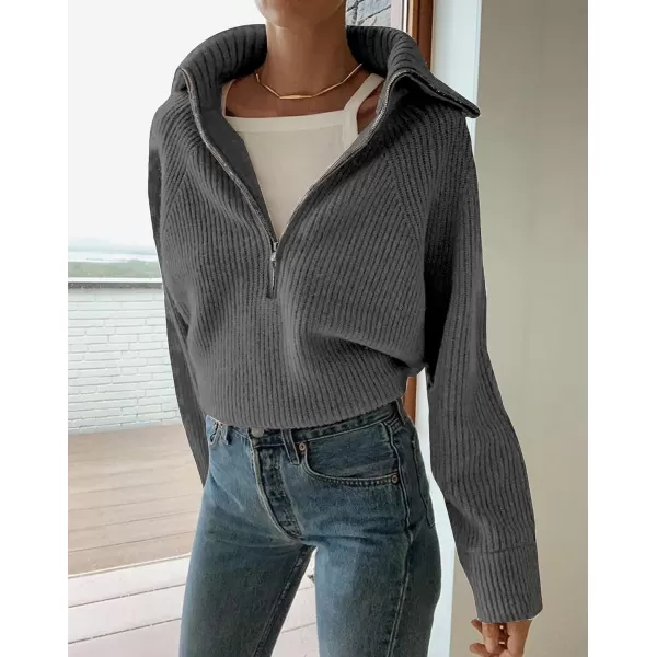 BTFBM Womens Casual Long Sleeve Half Zip Pullover Sweaters Solid V Neck Collar Ribbed Knitted Loose Slouchy Jumper TopsSolid Dark Grey