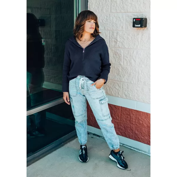BTFBM Womens Casual Long Sleeve Half Zip Pullover Sweaters Solid V Neck Collar Ribbed Knitted Loose Slouchy Jumper TopsSolid Denim Blue