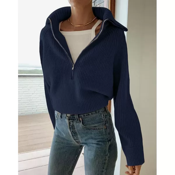 BTFBM Womens Casual Long Sleeve Half Zip Pullover Sweaters Solid V Neck Collar Ribbed Knitted Loose Slouchy Jumper TopsSolid Denim Blue