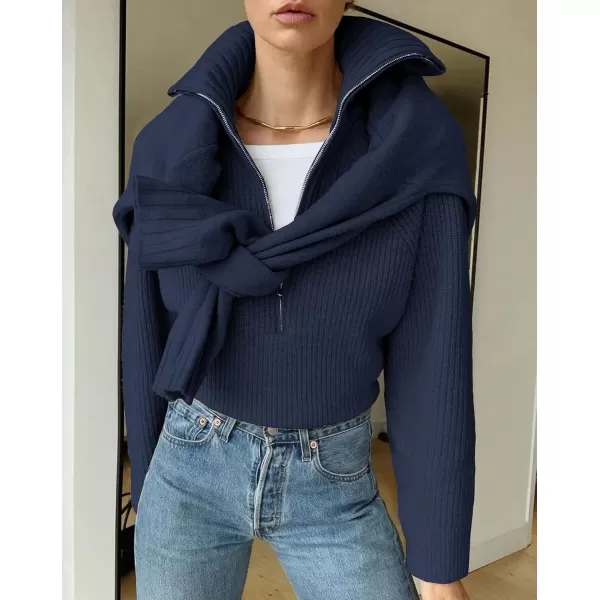 BTFBM Womens Casual Long Sleeve Half Zip Pullover Sweaters Solid V Neck Collar Ribbed Knitted Loose Slouchy Jumper TopsSolid Denim Blue