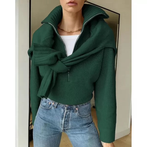 BTFBM Womens Casual Long Sleeve Half Zip Pullover Sweaters Solid V Neck Collar Ribbed Knitted Loose Slouchy Jumper TopsSolid Green