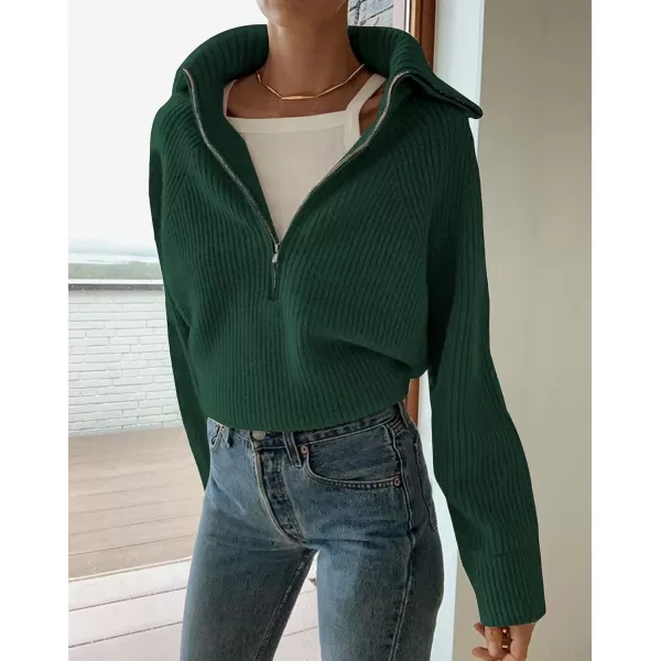 BTFBM Womens Casual Long Sleeve Half Zip Pullover Sweaters Solid V Neck Collar Ribbed Knitted Loose Slouchy Jumper TopsSolid Green