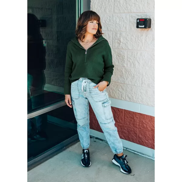 BTFBM Womens Casual Long Sleeve Half Zip Pullover Sweaters Solid V Neck Collar Ribbed Knitted Loose Slouchy Jumper TopsSolid Green