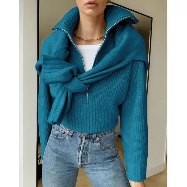 BTFBM Womens Casual Long Sleeve Half Zip Pullover Sweaters Solid V Neck Collar Ribbed Knitted Loose Slouchy Jumper TopsSolid Grey Blue