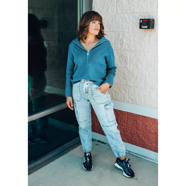 BTFBM Womens Casual Long Sleeve Half Zip Pullover Sweaters Solid V Neck Collar Ribbed Knitted Loose Slouchy Jumper TopsSolid Grey Blue
