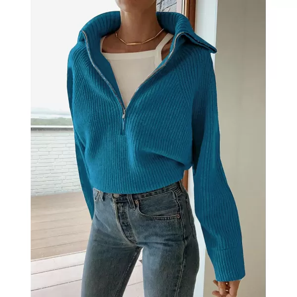 BTFBM Womens Casual Long Sleeve Half Zip Pullover Sweaters Solid V Neck Collar Ribbed Knitted Loose Slouchy Jumper TopsSolid Grey Blue