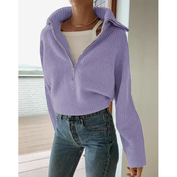 BTFBM Womens Casual Long Sleeve Half Zip Pullover Sweaters Solid V Neck Collar Ribbed Knitted Loose Slouchy Jumper TopsSolid Grey Purple