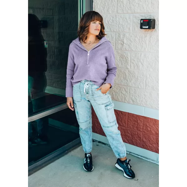 BTFBM Womens Casual Long Sleeve Half Zip Pullover Sweaters Solid V Neck Collar Ribbed Knitted Loose Slouchy Jumper TopsSolid Grey Purple