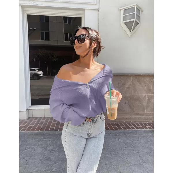 BTFBM Womens Casual Long Sleeve Half Zip Pullover Sweaters Solid V Neck Collar Ribbed Knitted Loose Slouchy Jumper TopsSolid Grey Purple