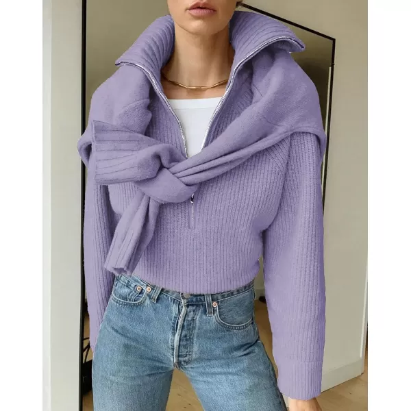 BTFBM Womens Casual Long Sleeve Half Zip Pullover Sweaters Solid V Neck Collar Ribbed Knitted Loose Slouchy Jumper TopsSolid Grey Purple