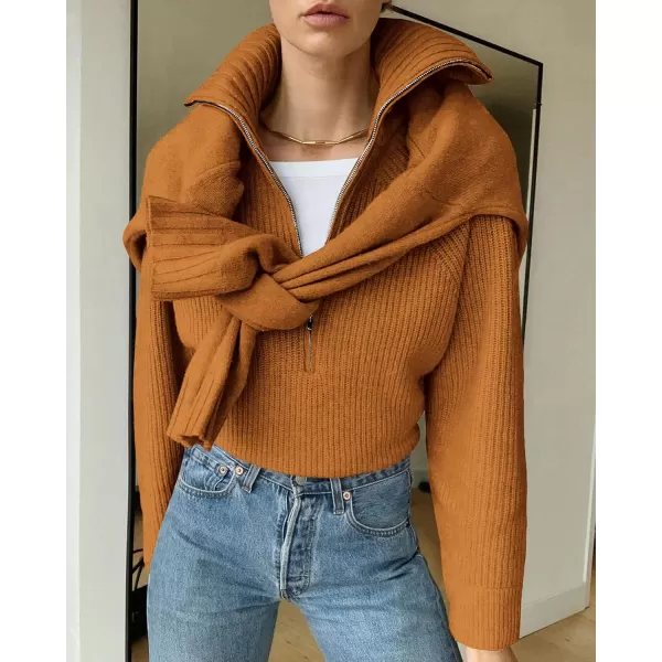 BTFBM Womens Casual Long Sleeve Half Zip Pullover Sweaters Solid V Neck Collar Ribbed Knitted Loose Slouchy Jumper TopsSolid Khaki