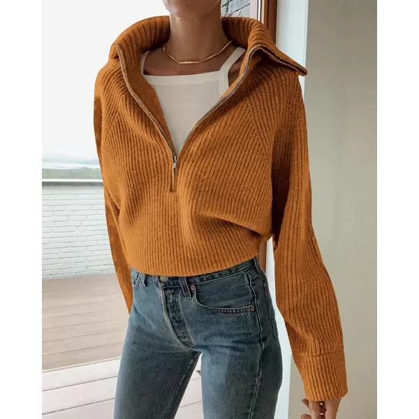 BTFBM Womens Casual Long Sleeve Half Zip Pullover Sweaters Solid V Neck Collar Ribbed Knitted Loose Slouchy Jumper TopsSolid Khaki