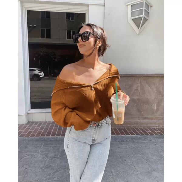 BTFBM Womens Casual Long Sleeve Half Zip Pullover Sweaters Solid V Neck Collar Ribbed Knitted Loose Slouchy Jumper TopsSolid Khaki