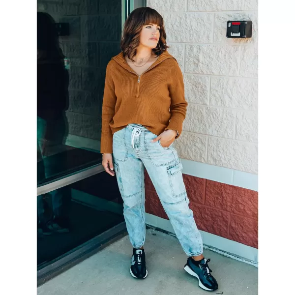 BTFBM Womens Casual Long Sleeve Half Zip Pullover Sweaters Solid V Neck Collar Ribbed Knitted Loose Slouchy Jumper TopsSolid Khaki
