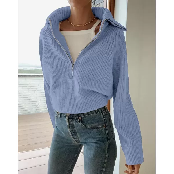 BTFBM Womens Casual Long Sleeve Half Zip Pullover Sweaters Solid V Neck Collar Ribbed Knitted Loose Slouchy Jumper TopsSolid Light Blue