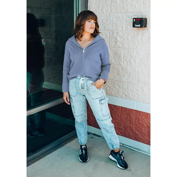 BTFBM Womens Casual Long Sleeve Half Zip Pullover Sweaters Solid V Neck Collar Ribbed Knitted Loose Slouchy Jumper TopsSolid Light Blue