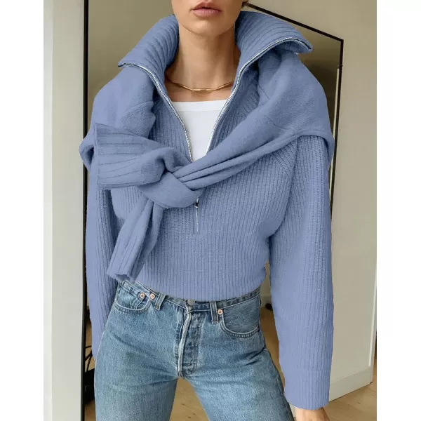 BTFBM Womens Casual Long Sleeve Half Zip Pullover Sweaters Solid V Neck Collar Ribbed Knitted Loose Slouchy Jumper TopsSolid Light Blue