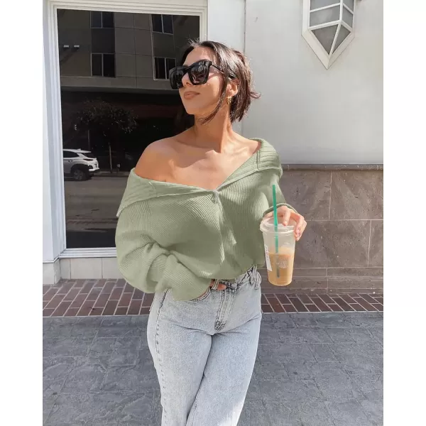 BTFBM Womens Casual Long Sleeve Half Zip Pullover Sweaters Solid V Neck Collar Ribbed Knitted Loose Slouchy Jumper TopsSolid Light Green
