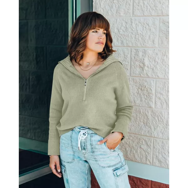 BTFBM Womens Casual Long Sleeve Half Zip Pullover Sweaters Solid V Neck Collar Ribbed Knitted Loose Slouchy Jumper TopsSolid Light Green