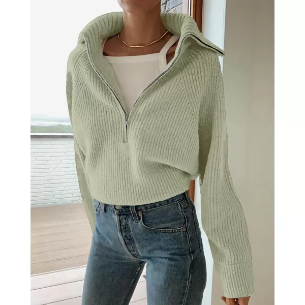 BTFBM Womens Casual Long Sleeve Half Zip Pullover Sweaters Solid V Neck Collar Ribbed Knitted Loose Slouchy Jumper TopsSolid Light Green