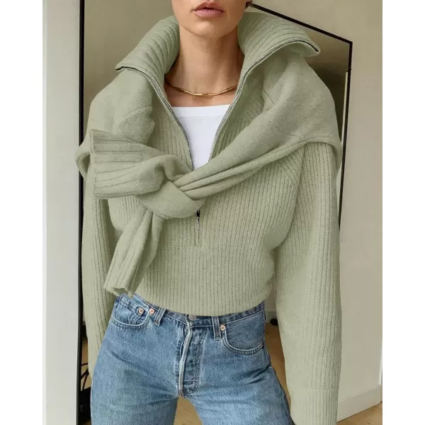 BTFBM Womens Casual Long Sleeve Half Zip Pullover Sweaters Solid V Neck Collar Ribbed Knitted Loose Slouchy Jumper TopsSolid Light Green