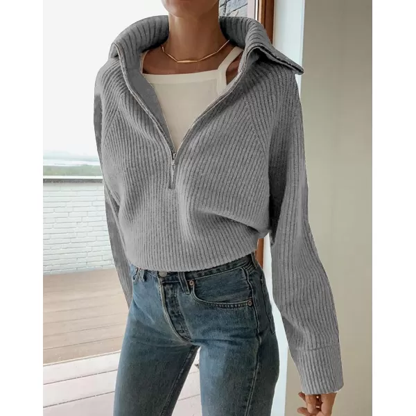 BTFBM Womens Casual Long Sleeve Half Zip Pullover Sweaters Solid V Neck Collar Ribbed Knitted Loose Slouchy Jumper TopsSolid Light Grey